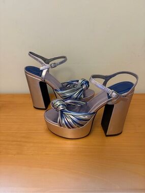 Jeffrey Campbell Metallic Silver Platform Sandals with Blue Accents